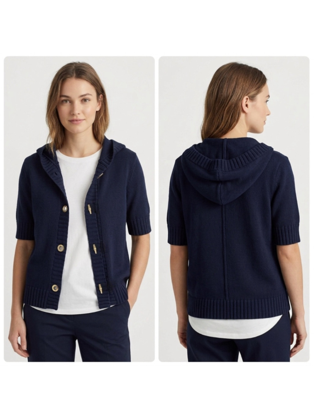 Lauren Ralph Lauren Hooded Cardigan Sweater Navy Blue Toggle Button Cotton Sz XL